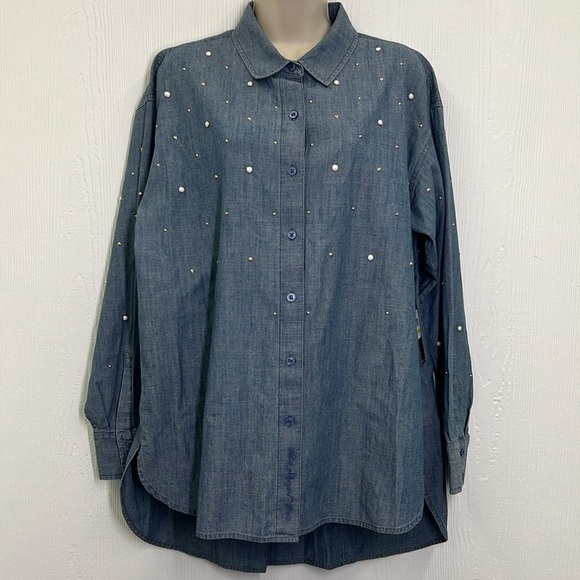 Karl Lagerfeld - NWT Imitation Pearl Blue Wash Button Down Denim Shirt Medium - Picture 5 of 16